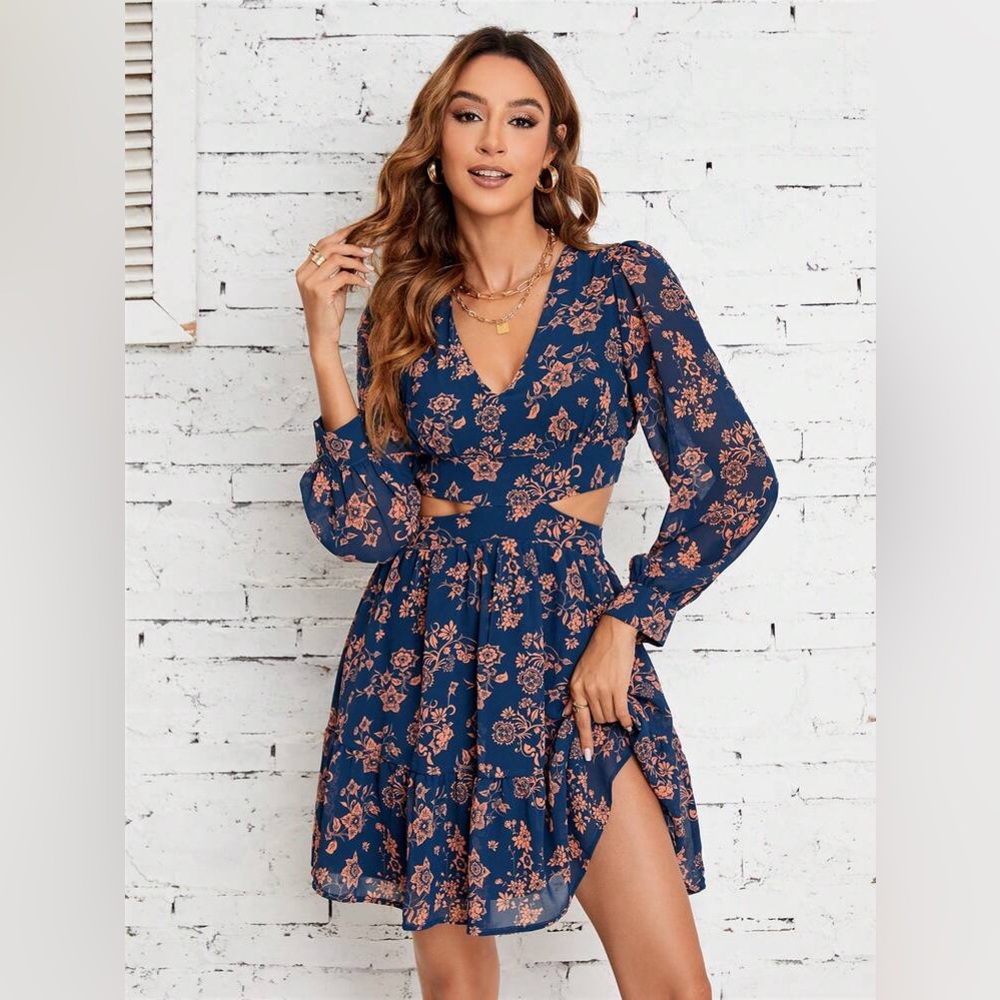 Blue & Orange Lantern Floral Print Lantern Sleeve A-Line Dress with Cutout Waist